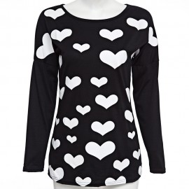 STYLISH SCOOP COLLAR LONG SLEEVE HEART PRINT ZIPPERED T-SHIRT FOR LADIES