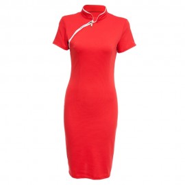 STYLISH RETRO MANDRAIN COLLAR SHORT SLEEVED SOLID ELASTIC CHEONGSAM