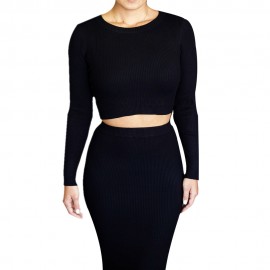 ELEGANT ROUND NECK LONG SLEEVE KNITTED SWEATER   SEMI LONG TIGHT KNIT SKIRT SUIT