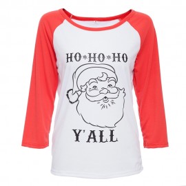 CASUAL ROUND COLLAR LONG SLEEVE COLOR BLOCK SANTA CLAUS PRINT T-SHIRT FOR WOMEN