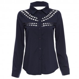 SEXY TEMPERAMENT BACKLESS LONG SLEEVED HOLLOW SOLID SHIRT DRESS