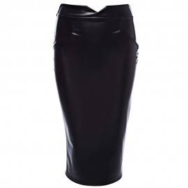 TRENDY MID WAIST PURE COLOR FAUX LEATHER SKINNY MIDI SKIRT FOR LADIES
