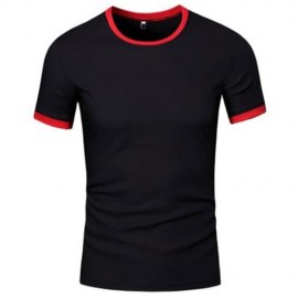 SIMPLE ROUND COLLAR SHORT SLEEVE COLOR BLOCK T-SHIRT FOR MEN (BLACK)