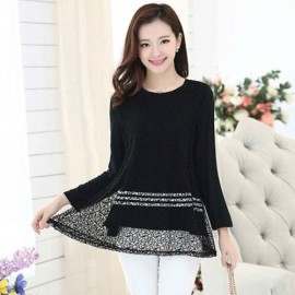 PLUS SIZE STYLISH LOOSE WAIST LACE WHITE LONG SLEEVE TOP JA0003BKP (BLACK, SIZE 2XL)