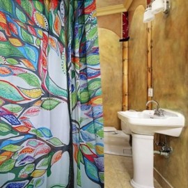 COLORFUL TREE DESIGN PATTERN WATERPROOF POLYESTER BATH CURTAIN WITH 12 PLASTIC BUCKLES (CO