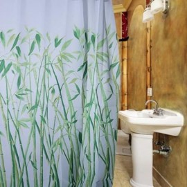 NATURAL FRESH BAMBOO DESIGN PATTERN WATERPROOF POLYESTER BATH CURTAIN WITH 12 PLASTIC BUCK