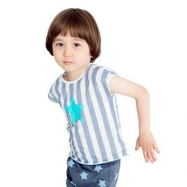 2PCS LOVELY KIDS STAR PRINTED ROUND COLLAR SLEEVELESS STRIPE T-SHIRT HAREN PANTS (LIGHT BL