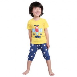 2PCS CHILDREN PLANE PRINTED ROUND COLLAR T-SHIRT STAR PRINTED PANTS (YELLOW)