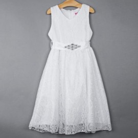 REFINED V-NECK SLEEVELESS FLOWER LACE PARTY DRESS WITH RHINESTONE BELT FOR GIRLS (WHITE)