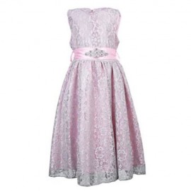 REFINED V-NECK SLEEVELESS FLOWER LACE PARTY DRESS WITH RHINESTONE BELT FOR GIRLS (PINK)