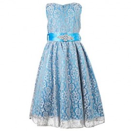 REFINED V-NECK SLEEVELESS FLOWER LACE PARTY DRESS WITH RHINESTONE BELT FOR GIRLS (BLUE)