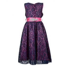 REFINED V-NECK SLEEVELESS FLOWER LACE PARTY DRESS WITH RHINESTONE BELT FOR GIRLS (ROSE)