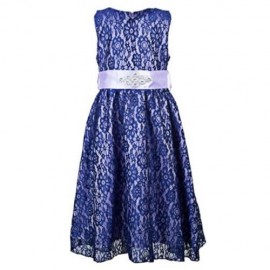 REFINED V-NECK SLEEVELESS FLOWER LACE PARTY DRESS WITH RHINESTONE BELT FOR GIRLS (PURPLE)