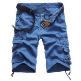 CASUAL MID WAIST PURE COLOR LOOSE-FITTING MULTIPLE POCKET COTTON MEN SHORTS (BLUE)