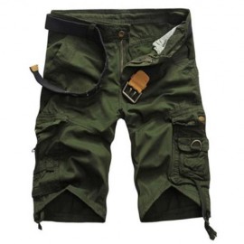CASUAL MID WAIST PURE COLOR LOOSE-FITTING MULTIPLE POCKET COTTON MEN SHORTS (ARMY GREEN)