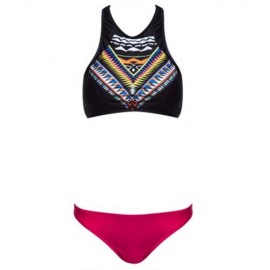 FASHION WOMEN BIKINI GEOMETRY PRINT HIGH NECK PUSH UP SWIMSUIT SWIMWEAR SET (RED)