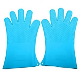 HEAT RESISTANT OVEN MITTS POT HOLDERS SILICONE COOKING BBQ GRILL GLOVES (BLUE)