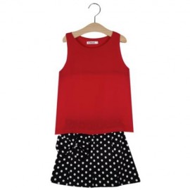 2PCS GIRLS SLEEVELESS ROUND NECK CHIFFON SHIRT POLKA DOTS PRINTED SKIRT WITH BOWKNOT (RED 