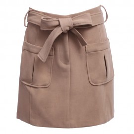 CHIC HIGH WAIST POCKET DESIGN PURE COLOR MINI DRESS WITH BELT (KHAKI S/M/L/XL/XXL)