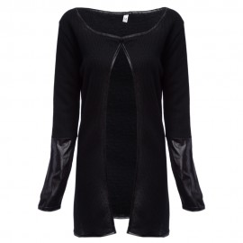 CHIC COLLARLESS LONG SLEEVE KNITTED LEATHER (BLACK M/L/XL)