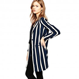 ELEGANT TURN-DOWN COLLAR LONG SLEEVE STRIPED SHEATH (WHITE AND BLUE S/M/L)