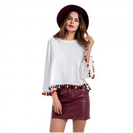 SWEET ROUND COLLAR LONG SLEEVE COLORFUL TASSELS (WHITE S/M/L/XL)