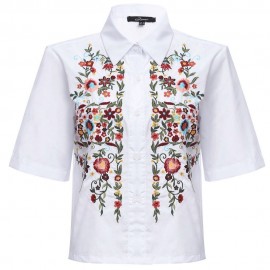 RETRO TURN-DOWN COLLAR HALF SLEEVE EMBROIDERY (WHITE S/M/L)