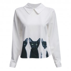 STYLISH TURN-DOWN COLLAR LONG SLEEVE CAT PRINT (WHITE S/MN/L/XL)