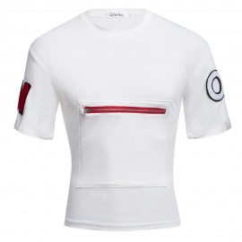 MALE LETTER PRINT EMBROIDERY ZIPPER DESIGN ROUND NECK SHORT SLEEVE SHIRT (WHITE M/L/XL/XXL