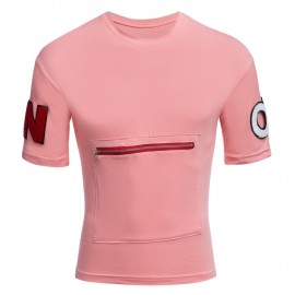 MALE LETTER PRINT EMBROIDERY ZIPPER DESIGN ROUND NECK SHORT SLEEVE SHIRT (PINK M/L/XL/XXL)