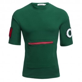 MALE LETTER PRINT EMBROIDERY ZIPPER DESIGN ROUND NECK SHORT SLEEVE SHIRT (GREEN M/L/XL/XXL
