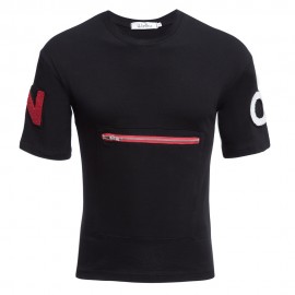 MALE LETTER PRINT EMBROIDERY ZIPPER DESIGN ROUND NECK SHORT SLEEVE SHIRT (BLACK M/L/XL/XXL