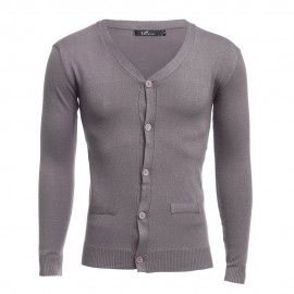 CASUAL PURE COLOR V NECK LONG SLEEVE MALE SLIM FIT KNITWEAR (KHAKI M/L/XL/XXL)
