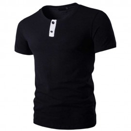 STYLISH PURE COLOR BUTTON DECORATION ROUND NECK MALE SHORT SLEEVE SHIRT (BLACK M/L/XL/XXL)