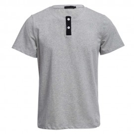 STYLISH PURE COLOR BUTTON DECORATION ROUND NECK MALE SHORT SLEEVE SHIRT (GRAY M/L/XL/XXL)