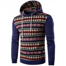 CASUAL COLOR BLOCK PATTERN PRINT MALE LONG SLEEVE HOODIES (DEEP BLUE M/L/XL/XXL)