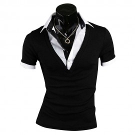 FASHIONABLE FALSE TWO PIECES TURN DOWN COLLAR MALE SHORT SLEEVE SHIRT (BLACK M/L/XL/XXL)