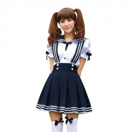 SWEET PETER PAN COLLAR PUFF SLEEVE BLOUSE   A-LINE PLEATED SUSPENDER SKIRT (DEEP BLUE S/M/