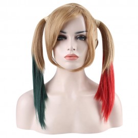 MEDIUM STRAIGHT MIXED COLORS GREEN RED WIGS WITH DOUBLE PONYTAILS COSTUME COSPLAY FOR JOKE