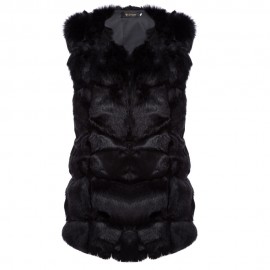 FASHIONABLE ROUND NECK SLEEVELESS PURE COLOR FAUX FUR WAISTCOAT FOR WOMEN (BLACK, SIZE S/M