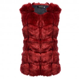 FASHIONABLE ROUND NECK SLEEVELESS PURE COLOR FAUX FUR WAISTCOAT FOR WOMEN (WINE RED, SIZE 