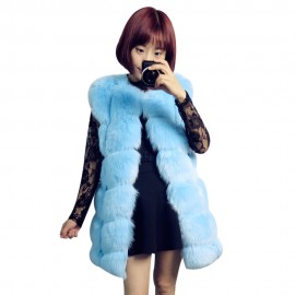 FASHIONABLE ROUND NECK SLEEVELESS PURE COLOR FAUX FUR WAISTCOAT FOR WOMEN (BLUE, SIZE S/M/