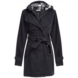 TRENDY HOODED DOUBLE-BREASTED POCKET OVERCOAT FOR WOMEN (DEEP GRAY, SIZE M/L/XL/2XL)