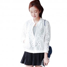 TRENDY ROUND COLLAR ZIPPER HOLLOW OUT SLIM COAT FOR WOMEN (WHITE, SIZE S/M/L/XL)