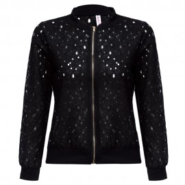 TRENDY ROUND COLLAR ZIPPER HOLLOW OUT SLIM COAT FOR WOMEN (BLACK, SIZE S/M/L/XL)