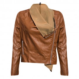 DOUBLE TURN DOWN COLLAR PURE COLOR ZIPPER WATERPROOF LEATHER COAT FOR LADIES (BROWN, SIZE 