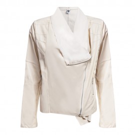 DOUBLE TURN DOWN COLLAR PURE COLOR ZIPPER WATERPROOF LEATHER COAT FOR LADIES (BEIGE, SIZE 