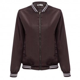 TRENDY ROUND COLLAR LONG SLEEVE PURE COLOR STRIPED WOMEN BASEBALL COAT (BLACK BROWN, SIZE 