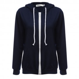 STYLISH HOODED LONG SLEEVE PURE COLOR ZIPPER TYPE HOODIE FOR LADIES (DEEP BLUE, SIZE S/M/L