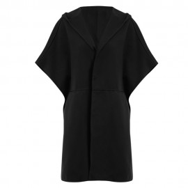 CHIC HOODED BAT WING SLEEVE PURE COLOR SLIT DESIGN WOOLEN WOMEN OVERCOAT (BLACK, SIZE XL/2
